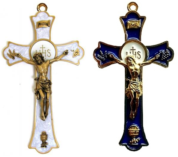 2 inch Eucharistic crucifixes in pearl and blue