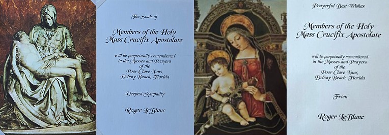 Poor Clare Nuns perpetual prayer cards for living and deceased members of the Holy Mass Crucifix Apostolate